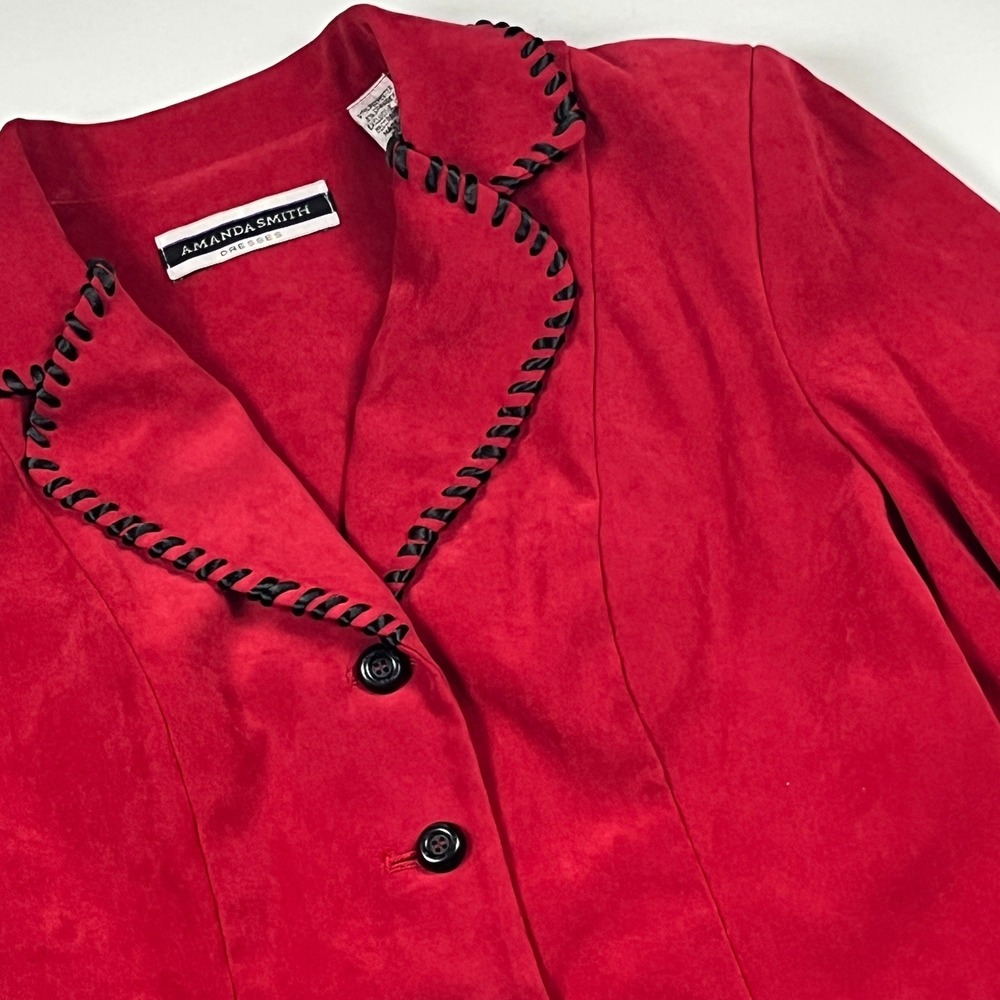 Amanda Smith Faux Suede Blazer Size 6 Red w/Black Whipstitch Trim Unlined Jacket